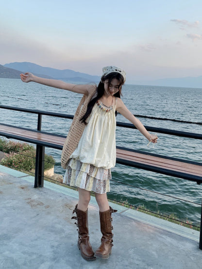 Vacation Mode Floral Slip Dress Women Mixed Print Layering Piece Slender Silhouette Destination Dress Coastal Grandmother Style