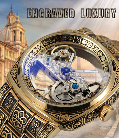 FORSINING High-end Luxury Gold Skeleton Mechanical Man Watch Automatic Movement Clock Stainless Steel Male Bronze Wrist Watches