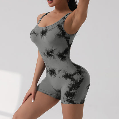 1PCS Tie Die Beautiful Back Yoga Suit Stretch Butt-Lifting Sports Jumpsuit Breathable Threaded Women Bodysuit without Pad