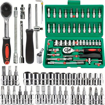 Conjunto de Ferramentas Familiares com 46 Peças, Kit de Ferramentas Mecânicas de 1/4 para Reparos Automotivos, com Soquetes Métricos, Jogo de Soquetes de Bits Hexagonais, Chave Catraca em Polegadas