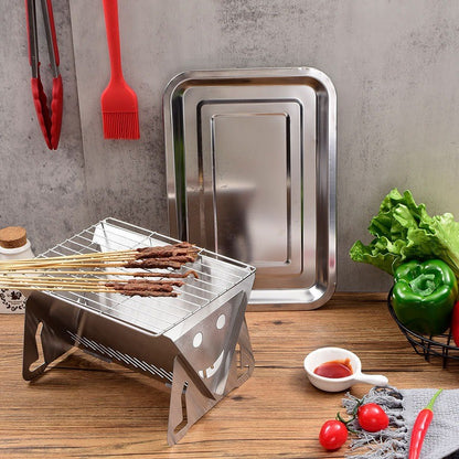 3-Piece Stainless Steel Portable BBQ Set - Compact Folding Grill for Camping, Mini Detachable Card-Style Outdoor Cooking