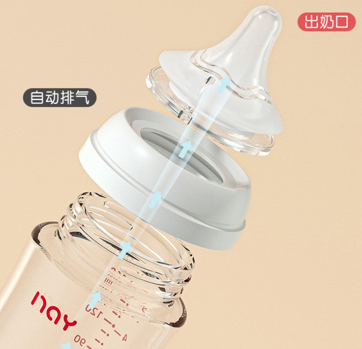 Newborns' wide caliber anti choking glass milk bottle 0-3 months bottle straight body newborn baby bottle