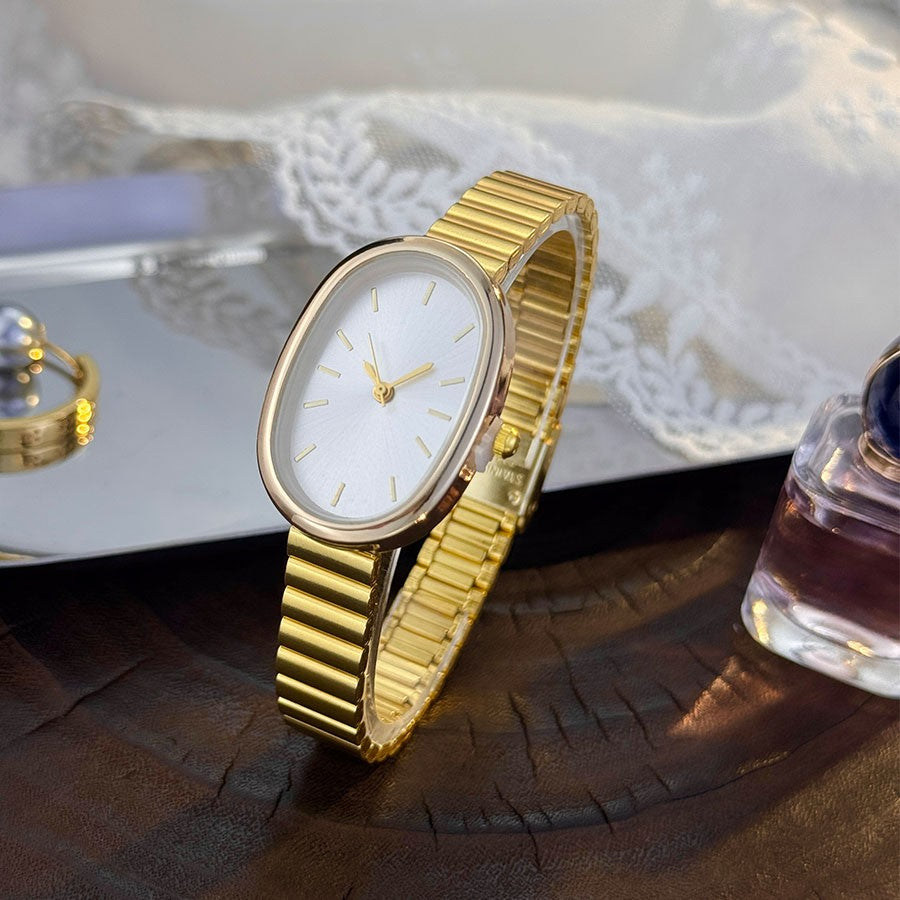 New Golden Retro Fashion Elliptical Quartz Watch Ladies Steel Strap Gold Watch Stylish Niche Timepiece