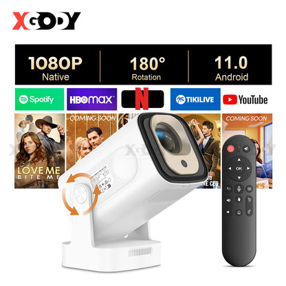Projetor inteligente XGODY Gimbal5 PRO 4K HD 12000LMS com correção Keystone, nativo 1080p, Wi-Fi duplo, Bluetooth, Android e Home Theater