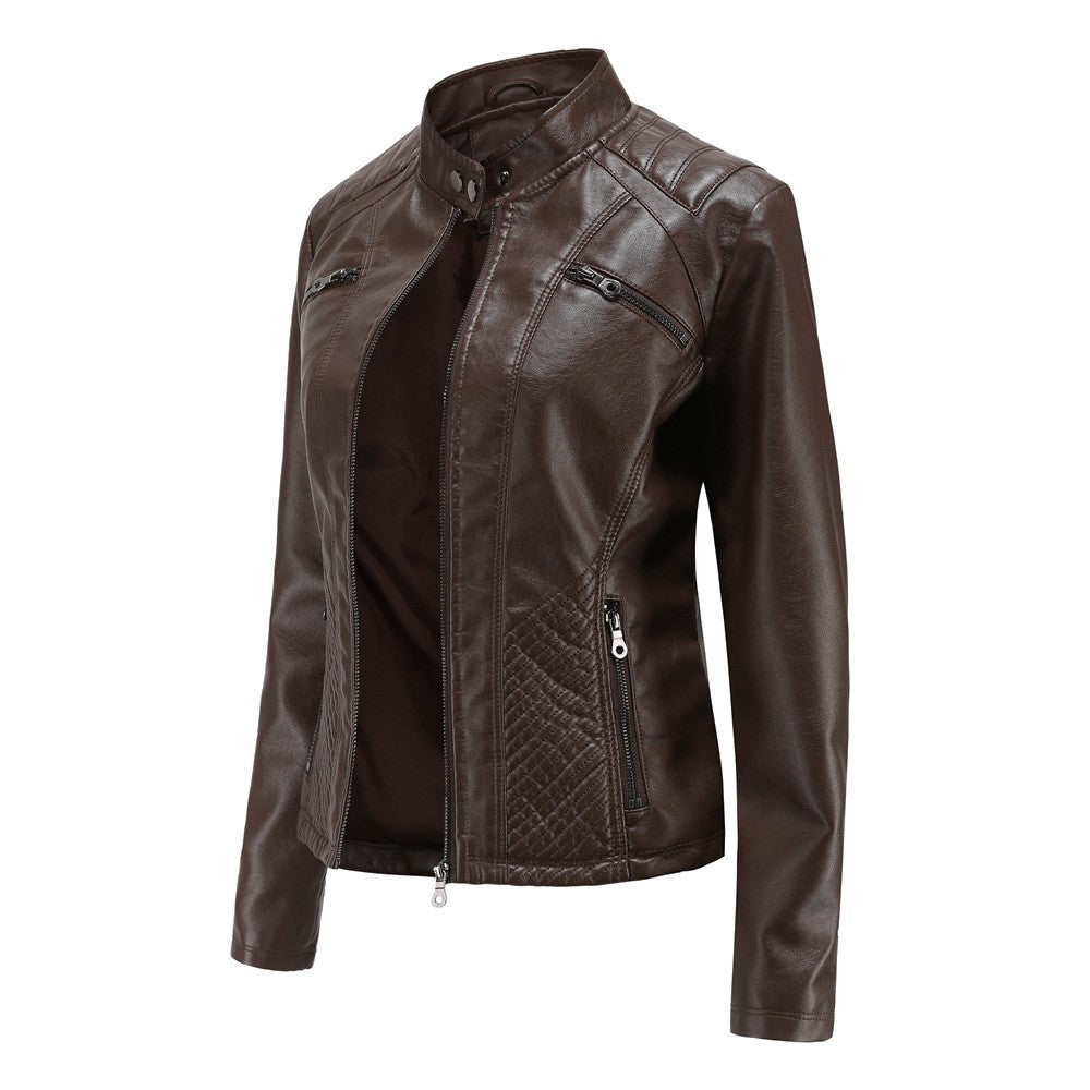 2025 Autumn Women's Black Moto Biker Zipper Jacket, Red Apricot Coffee PU Coat, Light Purple Outerwear.