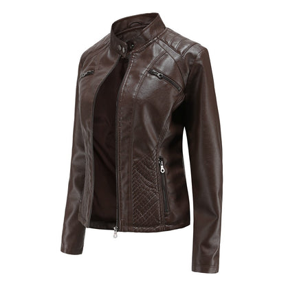 2025 Autumn Women's Black Moto Biker Zipper Jacket, Red Apricot Coffee PU Coat, Light Purple Outerwear.