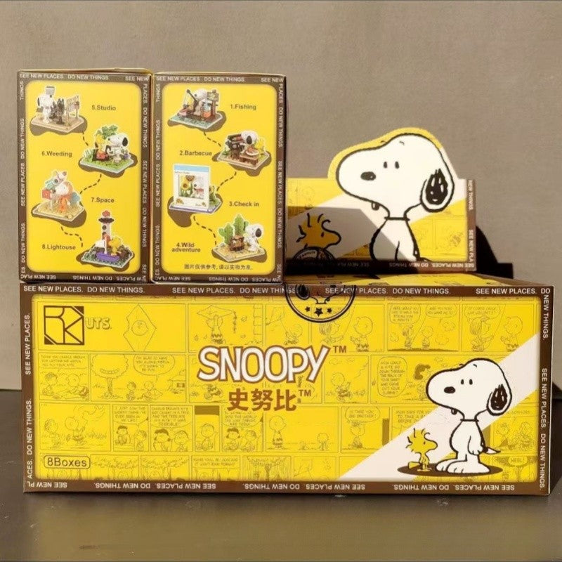 Quebra-cabeça de blocos de montar da série Original Snoopy Assemble Genuine Authorized Blind Box Supermarket Garden Furniture Scene para decoração de mesa