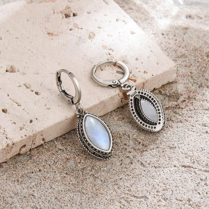 925 Sterling Silver Earrings Natural Moonstone 6*12mm Drop Earrings Retro Silver Vintage Eye Shape Fine Jewelry Gift For Women