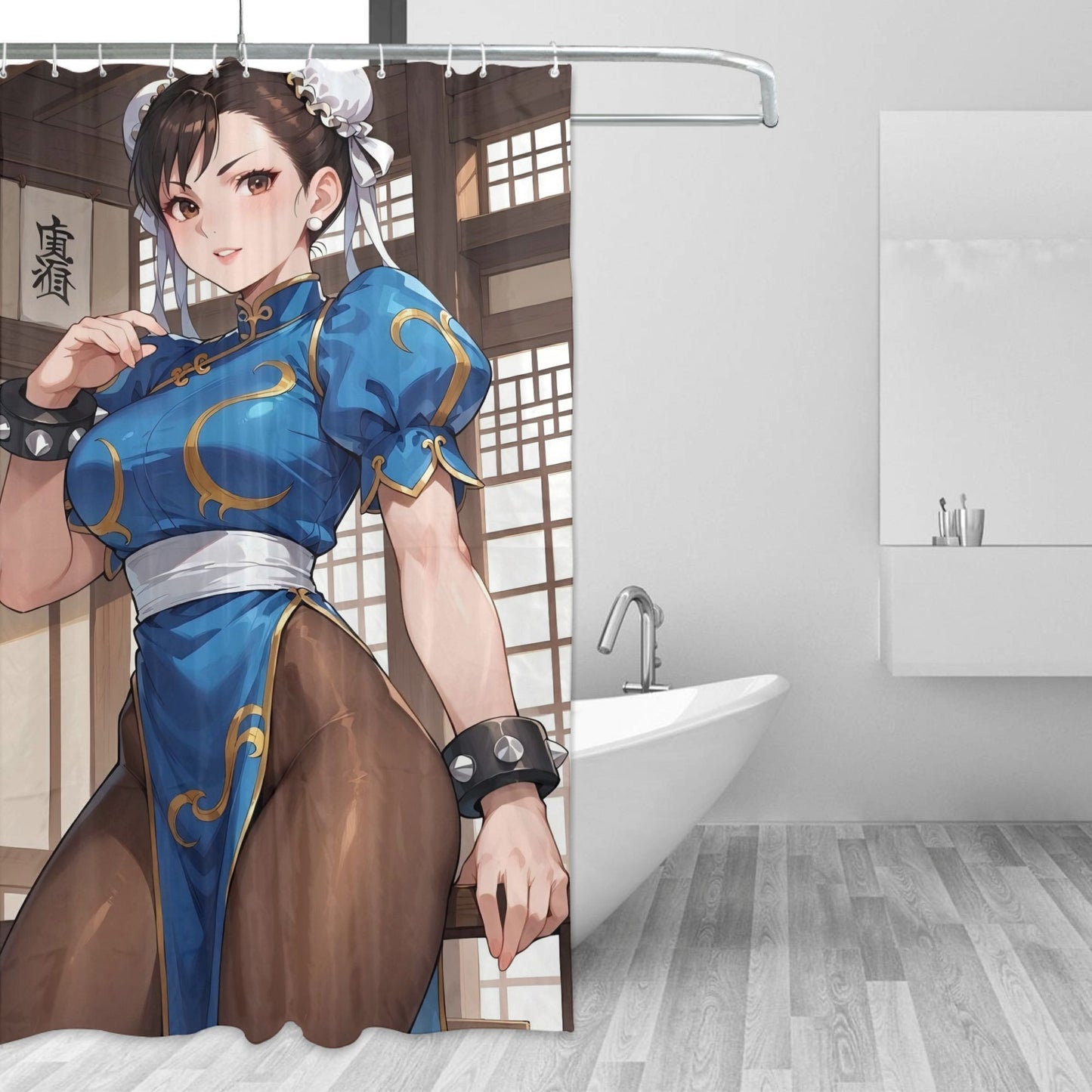 Cortina de Chuveiro Inspirada em Chun Li com Ganchos, Decoração de Banheiro em Poliéster Removível e Durável, Lavável à Máquina, Elegan