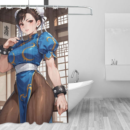 Cortina de Chuveiro Inspirada em Chun Li com Ganchos, Decoração de Banheiro em Poliéster Removível e Durável, Lavável à Máquina, Elegan
