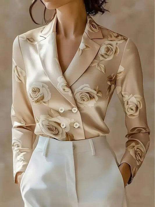 Fashion Flower Print Shirts For Women 2025 Autumn Winter Long Sleeve Turn-down Collar Loose Blouses Tops Elegant