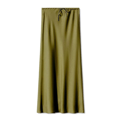 New In 2025 Spring Summer Solid Color Satin Long Skirt For Women High Waist Lace
