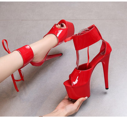 17CM Modern Sandals Upper Toe Open Ankle Strap Fashion Sexy Lady Platform High Heel Sandals Pole Dancing Lace-up Women Shoes