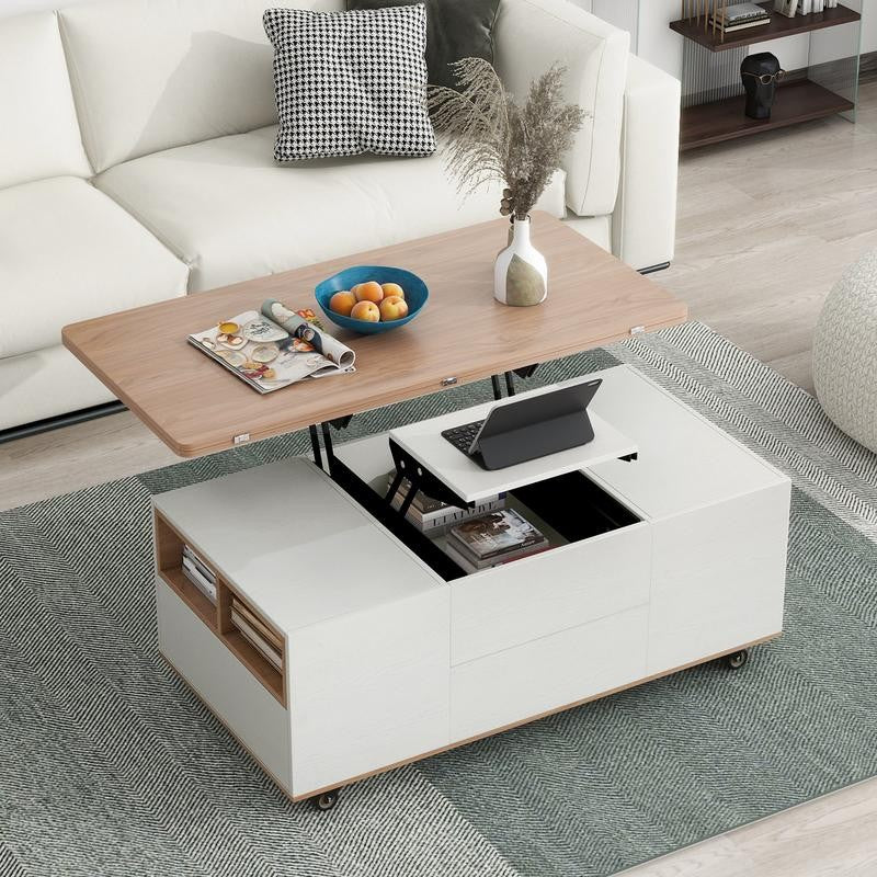 Modern Walnut & White Lift-Top Coffee Table, Multi-Functional with Drawers & Shelves
