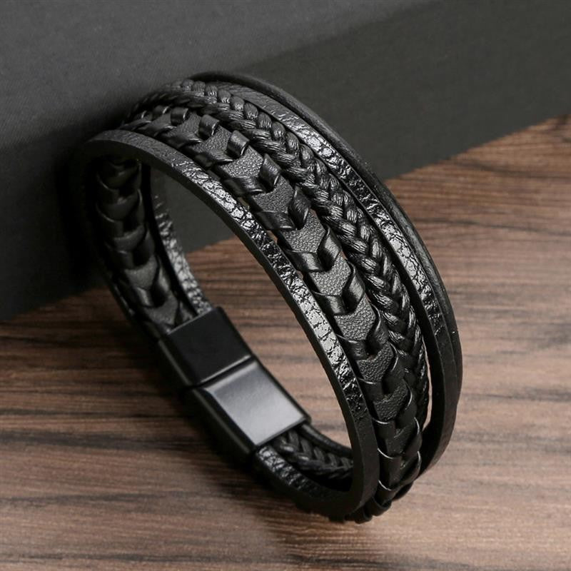 Moda Trançada Corda Tecida Camadas Couro Masculino Pulseiras Punk Metal Magnético Bracelete para Amigo Charme Joias Presentes