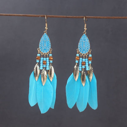 Brincos femininos longos de pena estilo boho, praia, com borla longa, miçangas, flores artesanais esmaltadas, para noiva, casamento, Pendientes Mujer