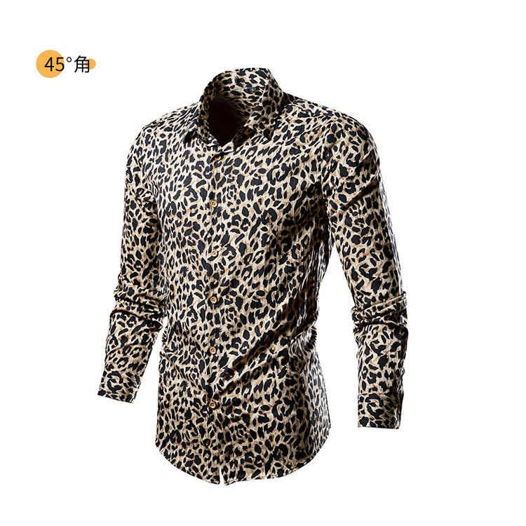 QJ CINGA Brand Men Leopard Print Long-sleeved Shirt, White Single-breasted Button-down Collar Printed Shirts, Asian Size M-6XL