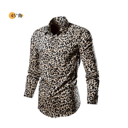 QJ CINGA Brand Men Leopard Print Long-sleeved Shirt, White Single-breasted Button-down Collar Printed Shirts, Asian Size M-6XL