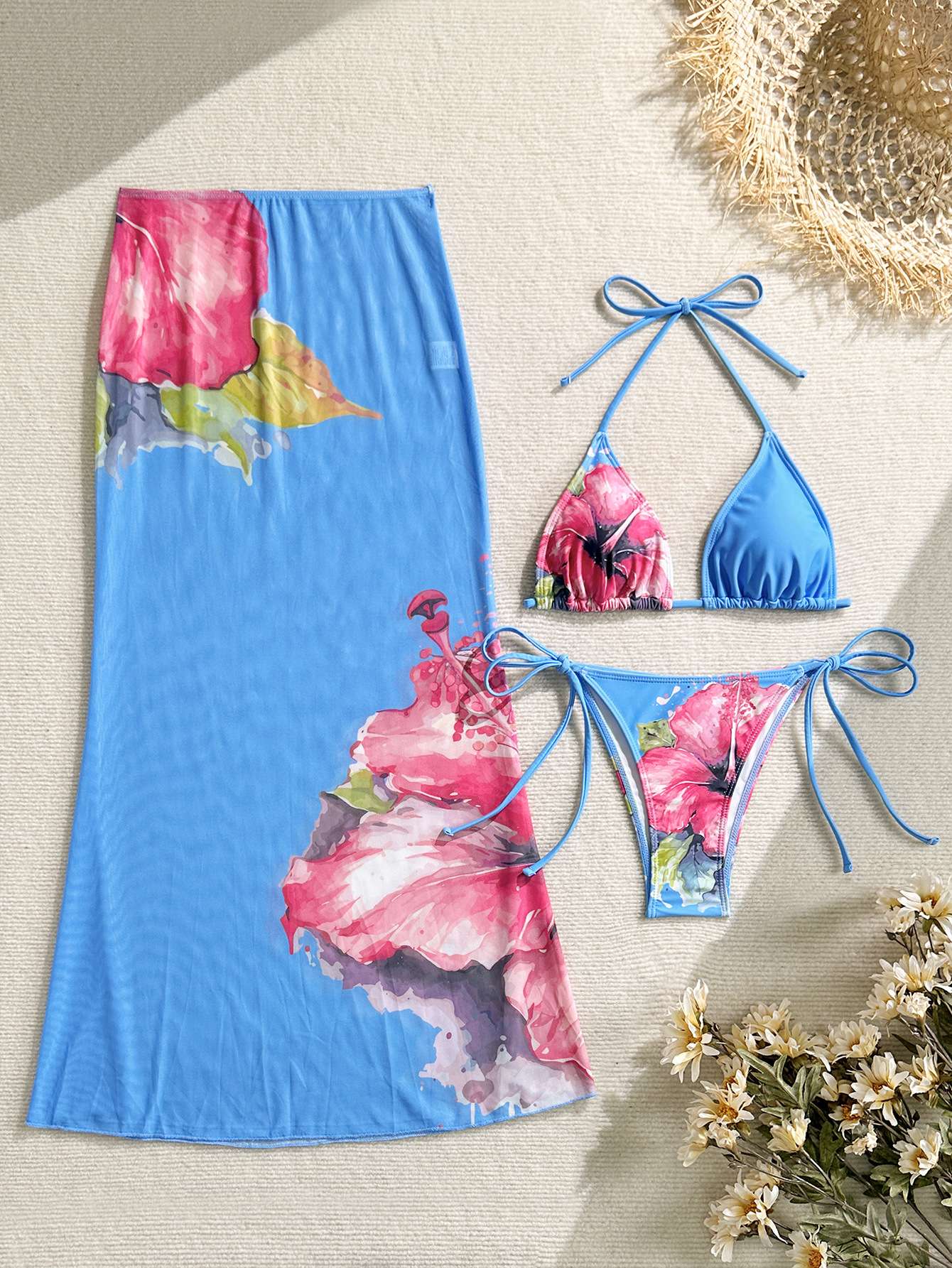 2025 New Flower Print Bikini Set Women's High Waist Long Skirt 3 Piece Swimsuit Sexy Mini Triangle Backless Thong Bathing Suit