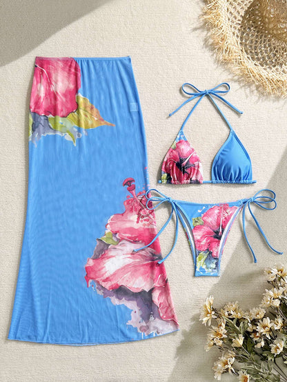 2025 New Flower Print Bikini Set Women's High Waist Long Skirt 3 Piece Swimsuit Sexy Mini Triangle Backless Thong Bathing Suit