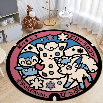 MINISO Japanese Anime Pokemon Round Rugs Non-Slip Floor Mat for Home Living Room Bedroom Circle Rug Washable Round Carpet Decor