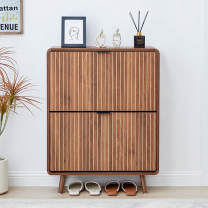 Slim Walnut Shoe Cabinet with Fluted Design and Dual Flip Drawers for Entryway Storage