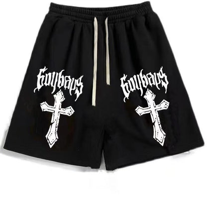 Street Hip-hop Cross Design Pattern Loose Casual Shorts Men American Y2K Harajuku Oversized Fashion Versatile Mid-pants Women