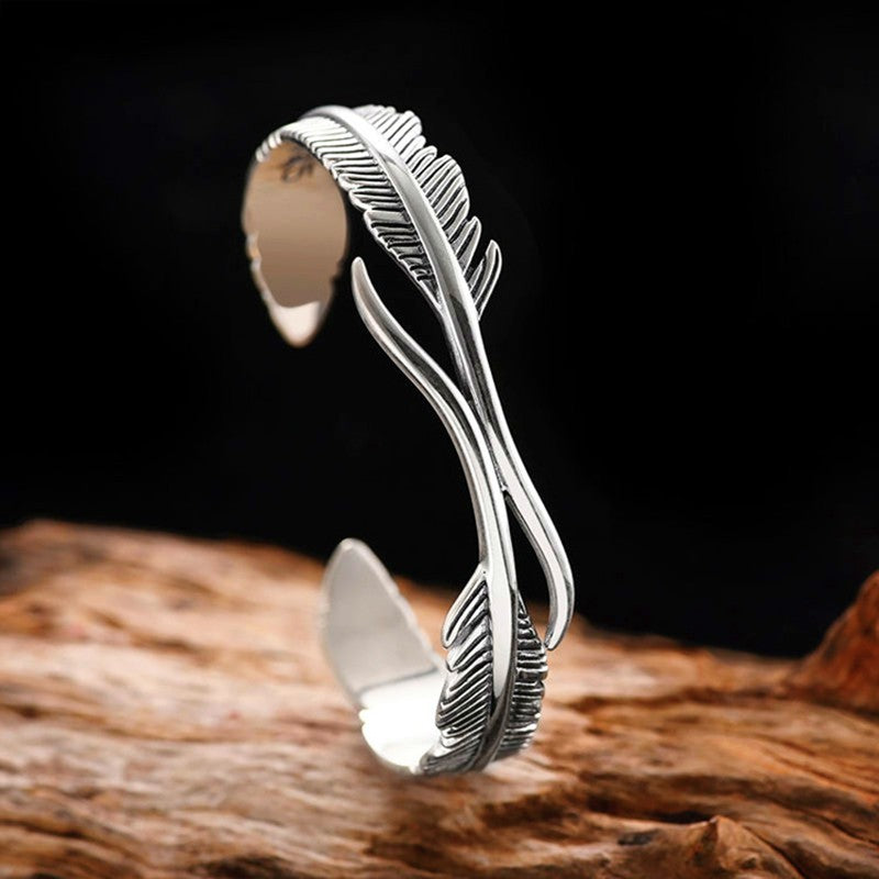 Pulseira Bracelete de Prata Esterlina 925 Pena Flor Dourada Vintage Punk Para Mulheres Homens Joias da Moda Presente Dropship Atacado