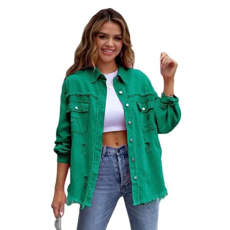 2025 Holes Raw-edges Denim Jacket Women Spring Autumn Shirt Style Jeancoat Casual Top Rose-Red Orange Purple Outerwear Lady Coat