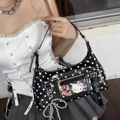 Retro oil wax leather crossbody bag, contrasting polka dot mini armpit bag, girls' shoulder bag