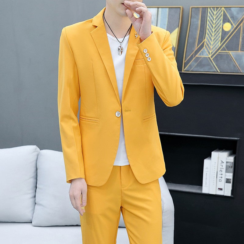 Men's Slim Fit Two-Piece Set Korean Style Spring Autumn Casual Trend British Hair Stylist Fashion Suit plus Trousers