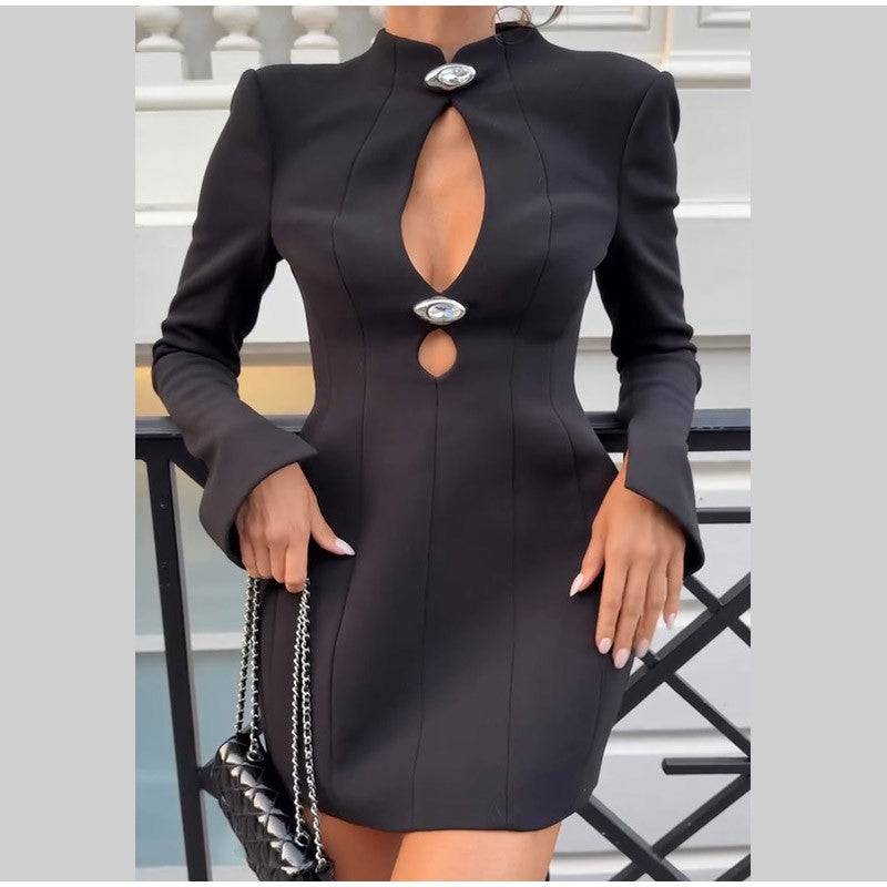Black Hollow Out Mini A-line Dress Women Sexy Round Neck Long Sleeve Waist Cinching Dresses 2025 Lady Chic Party Club Robe