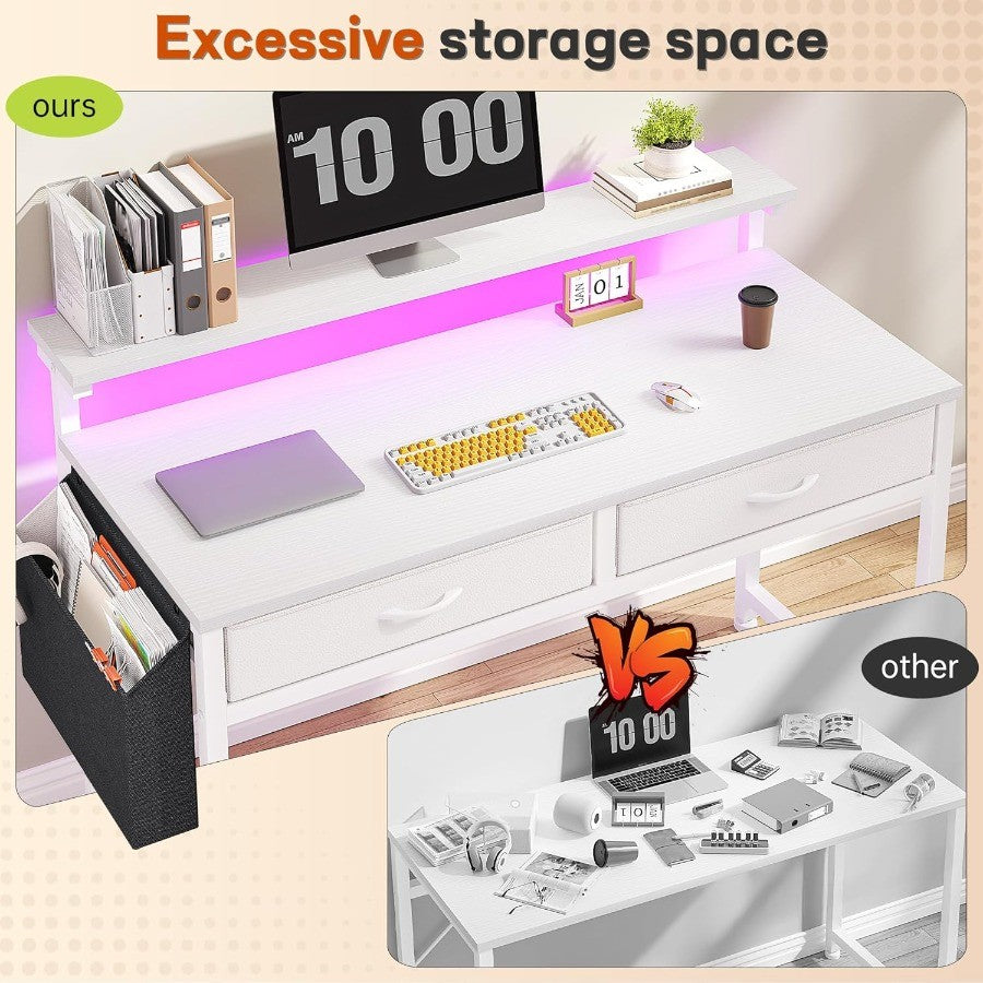 39.4 Inch Computer Desk with 2 Drawers and LED Lights for Small Spaces Home Office Study Writing Table with Side Pocket and Mon