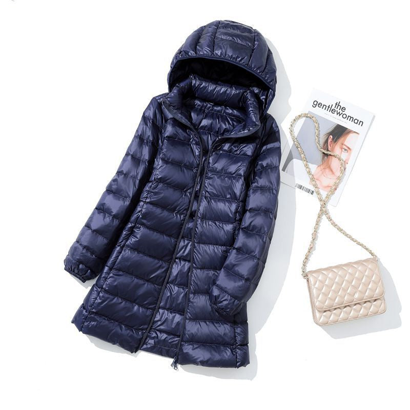 Hoody Long White Duck Down Coat Autumn Winter Portable Hooded Puffer Down Jacket Women Casual Double Zipper Windproof Thin Light