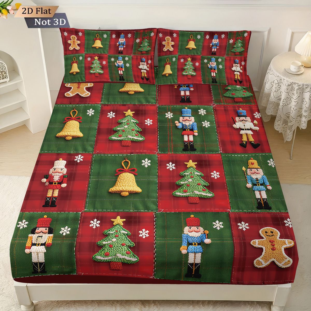 Conjunto de 3 peças de lençol sem elástico com estampa de Natal e emenda de tecido, vários tamanhos, colcha macia, decoração de quarto, lavável à máquina