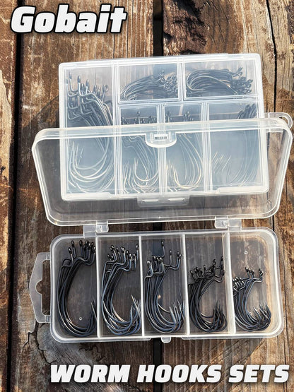 60 unidades/caixa Anzóis de minhoca de boca larga Anzol Jig Texas Rig Anzol para Robalo Aço de Alto Carbono Anzol Offset farpado Equipamento de Pesca Isca Macia