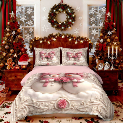 3pcs imitation relief pink Christmas snowman print coreless bedding set, multi size bedroom bedding decoration, machine washable