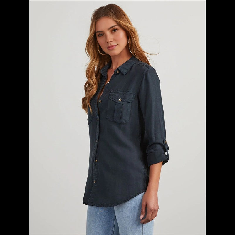 CGS-Women Double Pockets Spliced Decoration Denim Shirt Jacket Single-Breasted Lapel Casual Female Tops