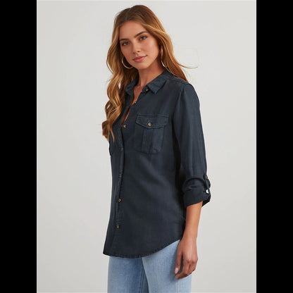 CGS-Women Double Pockets Spliced Decoration Denim Shirt Jacket Single-Breasted Lapel Casual Female Tops