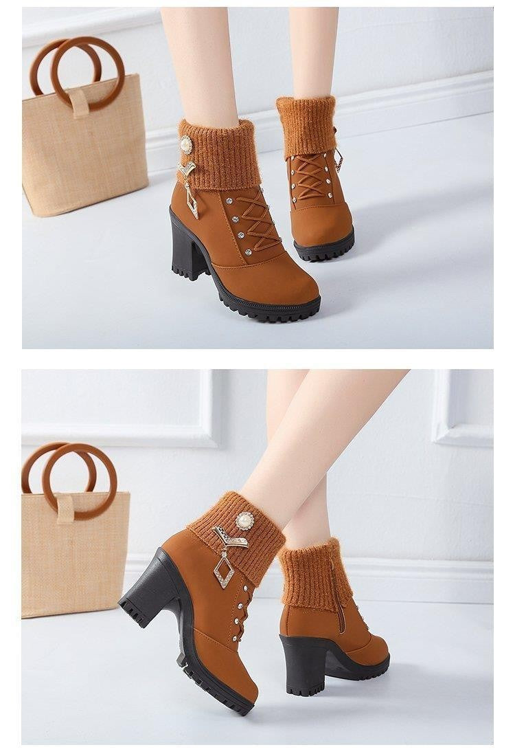 Women's Designer High Heels Shoes 2023 Winter New Warm Non-slip Block Cow Suede Warm Snow Boots Fashion Crystal Plush Goth Botas