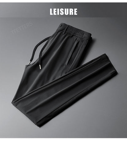 TFETTERS Brand Summer Men Pants New Elastic Waist Casual Solid Color Pants Ice Silk Thin Straight Breathable Loose Sweatpant Men