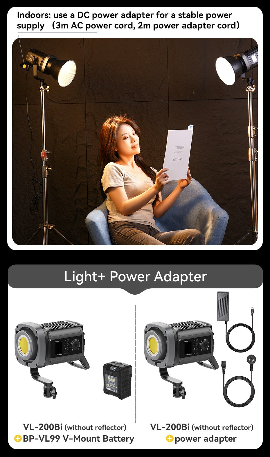 Ulanzi VL-200Bi 200W V-Mount Video Light with Wireless Control CRI 95+ 2700K-6500K CCT for Livestreaming Photography COB Light
