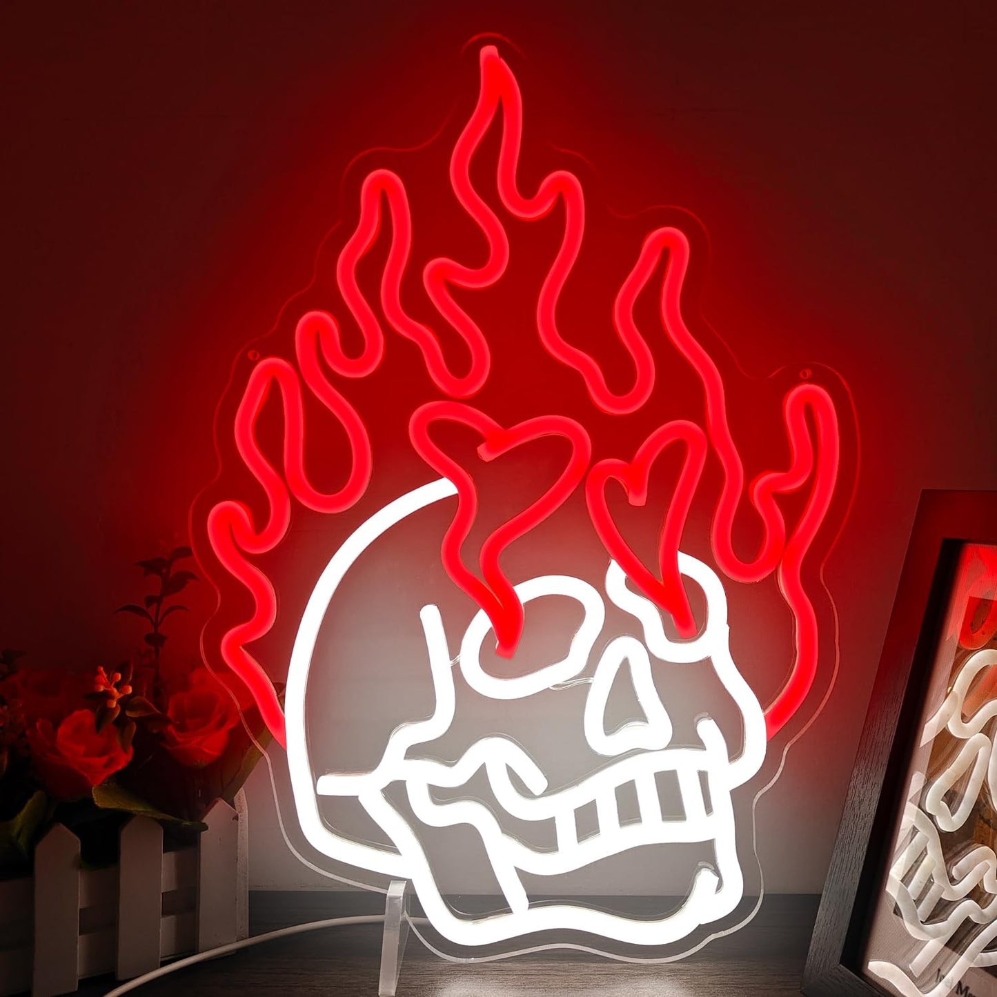 Paredes de Neon Chama de Crânio Decoradas com LEDs de Halloween Reguláveis, Alimentadas por USB, Decorações de Festa de Halloween para Caverna Masculina, Bar, Clube, Sala de Jogos