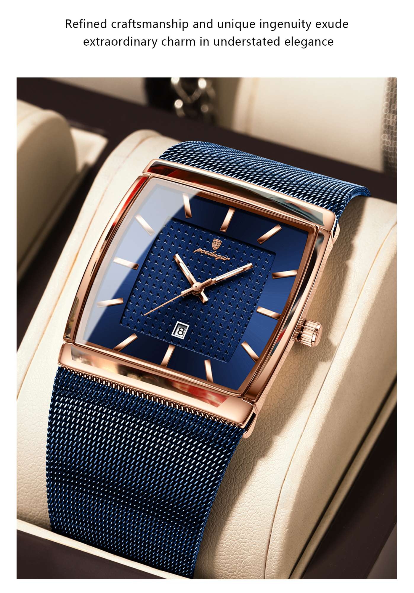 POEDAGAR Top Luxury Men Watch Stainless Steel Mesh Date Waterproof Luminous Man Wristwatch Casual Rectangle Quartz Men's Watches