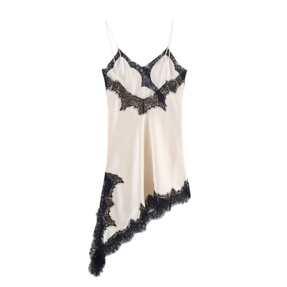 Women Fashion Sexy V-Neck Lace Elegant Halter Dress Asymmetric Hem Dress 2025 Summer New Fashion Holiday Party Beach Dresses