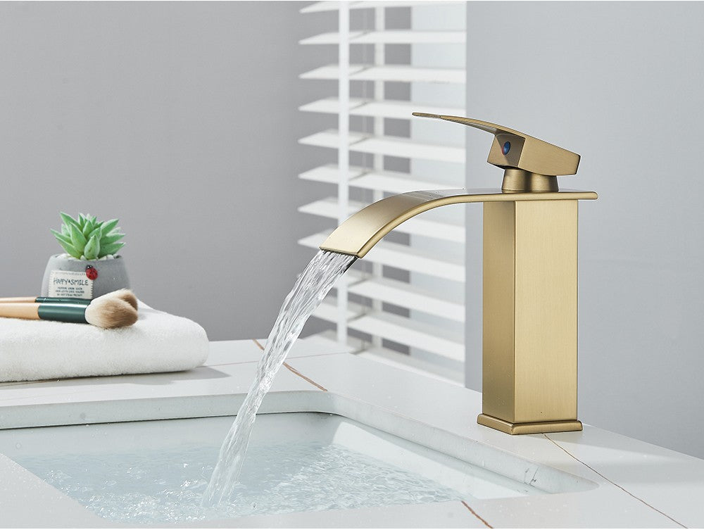 Brushed Golden Basin Faucets Elegant Waterfall Bathroom Sink Faucet Single Lever Hole Deck Mount Brass  Mixer Taps