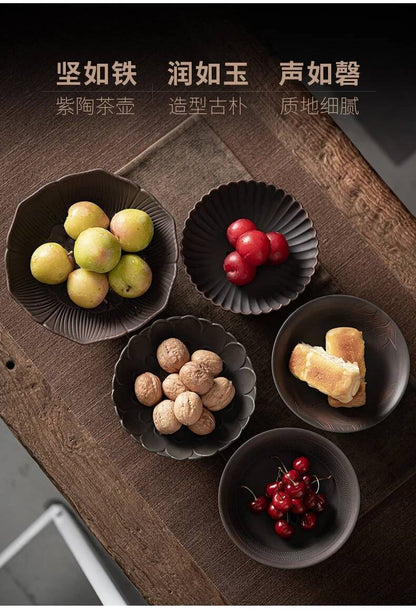 Qingxi Purple Pottery Tea Pastry Plate Handmade High Foot Dried Fruit Snack Large Integrated Drain Dessert Candy Dish Gift