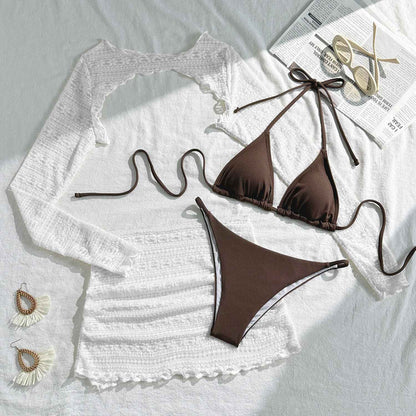 Women Bikini 4 Piece Set Tie Dye/Mesh Lace Long Sleeved Top Skirt Bottom Halter Bikini 2025 New Sexy Slim Beachwear Size S-XL