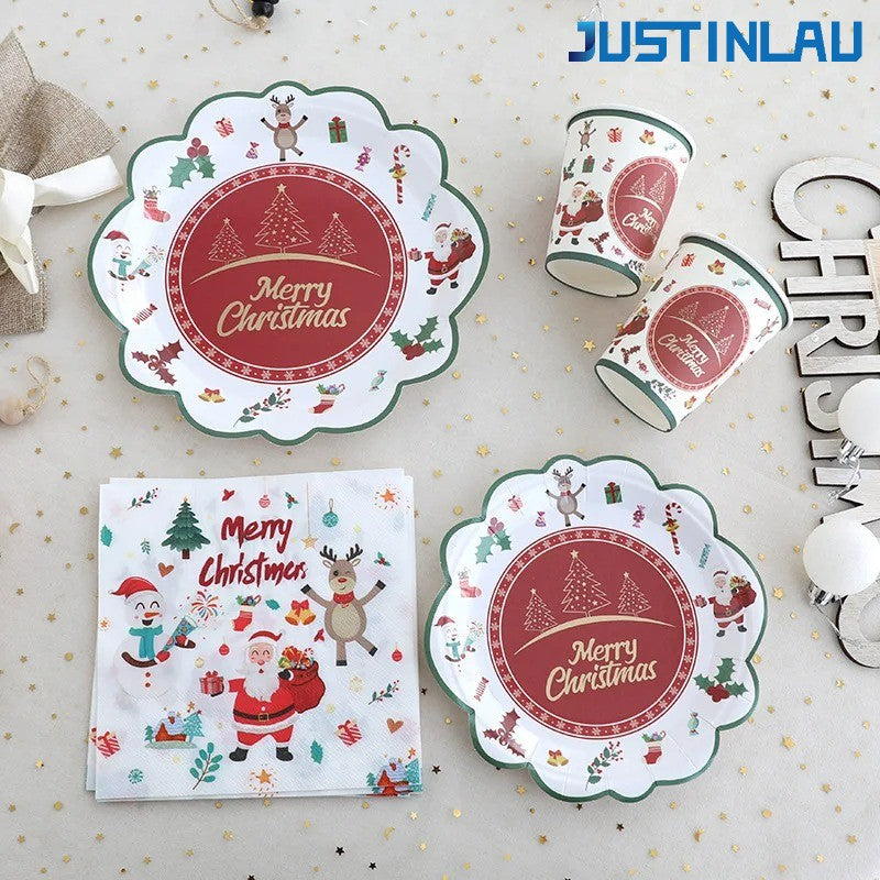 JUSTINLAU Christmas Cutlery Disposable Tableware Set Paper Plates Paper Cups Tissues Tablecloth Dining Plates Christmas Themed