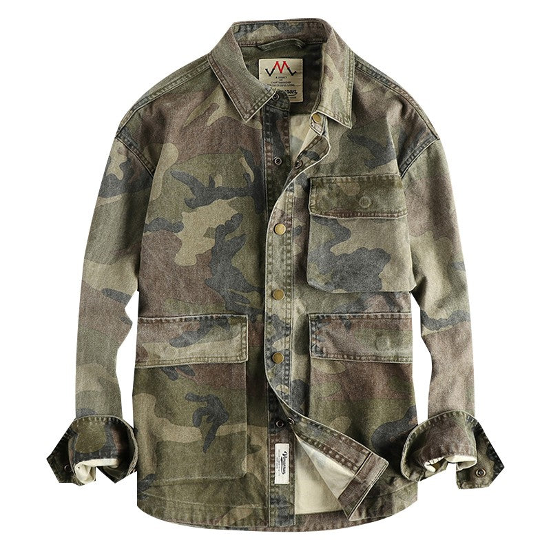2024 Autumn New American Retro Woven Camouflage Cargo Shirt Men's Fashion 100% Cotton Washed Multi-pocket Casual Thin Jacket